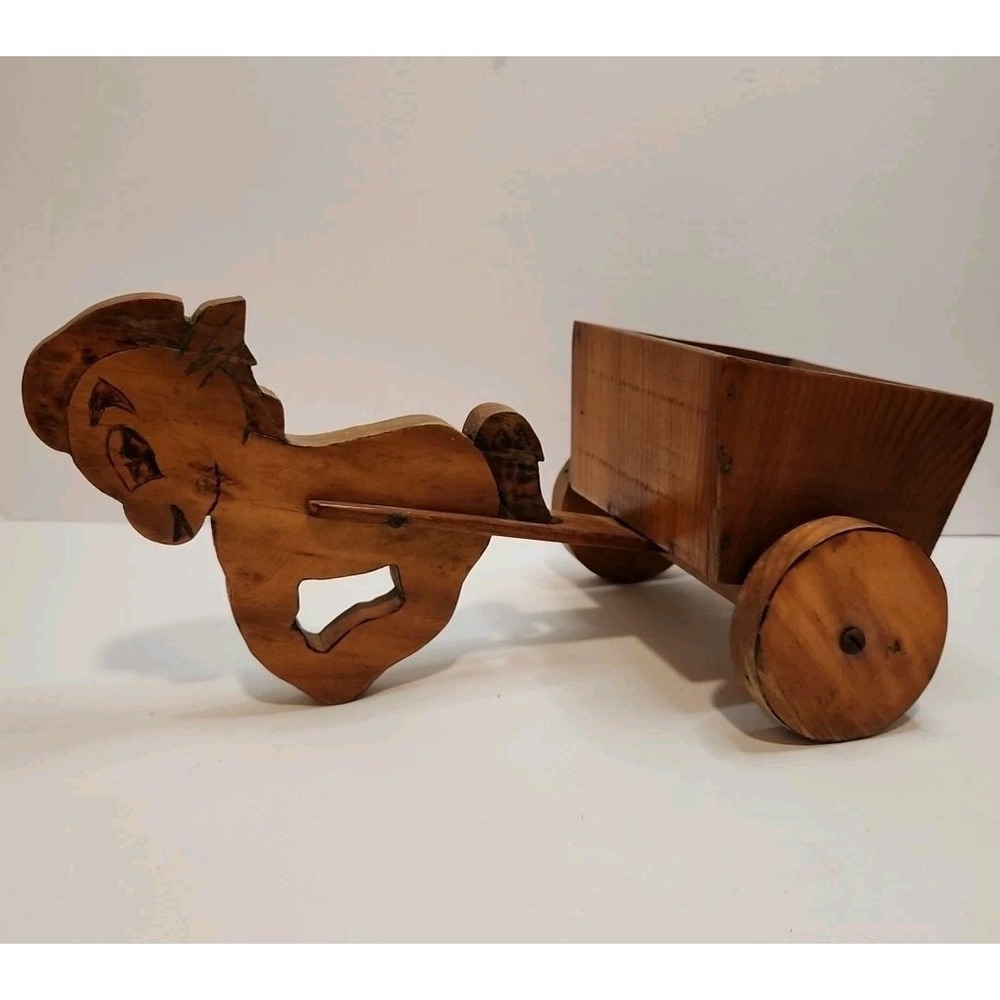 Vtg One Of A Kind Handmade Pony Pulling Cart Childs Toy Carved Features 1900s